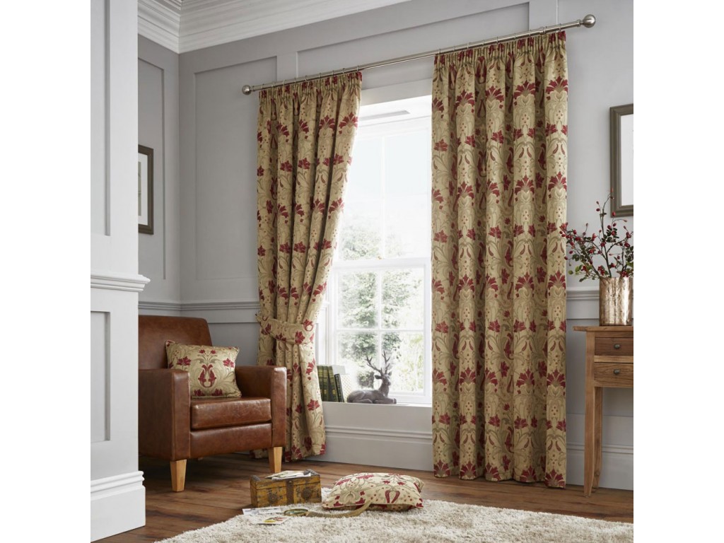 Curtina Burford Red Gold Pencil Pleat Curtains And Cushions