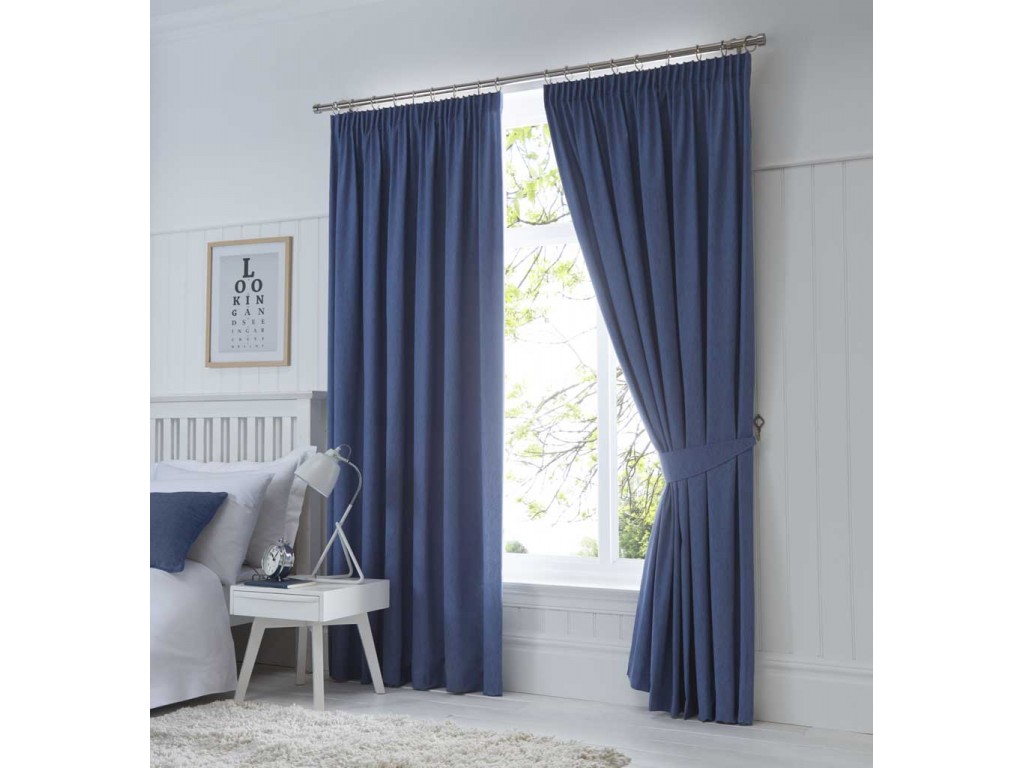 Fusion Dijon Denim Blue Pencil Pleat Blackout Curtains And Tiebacks