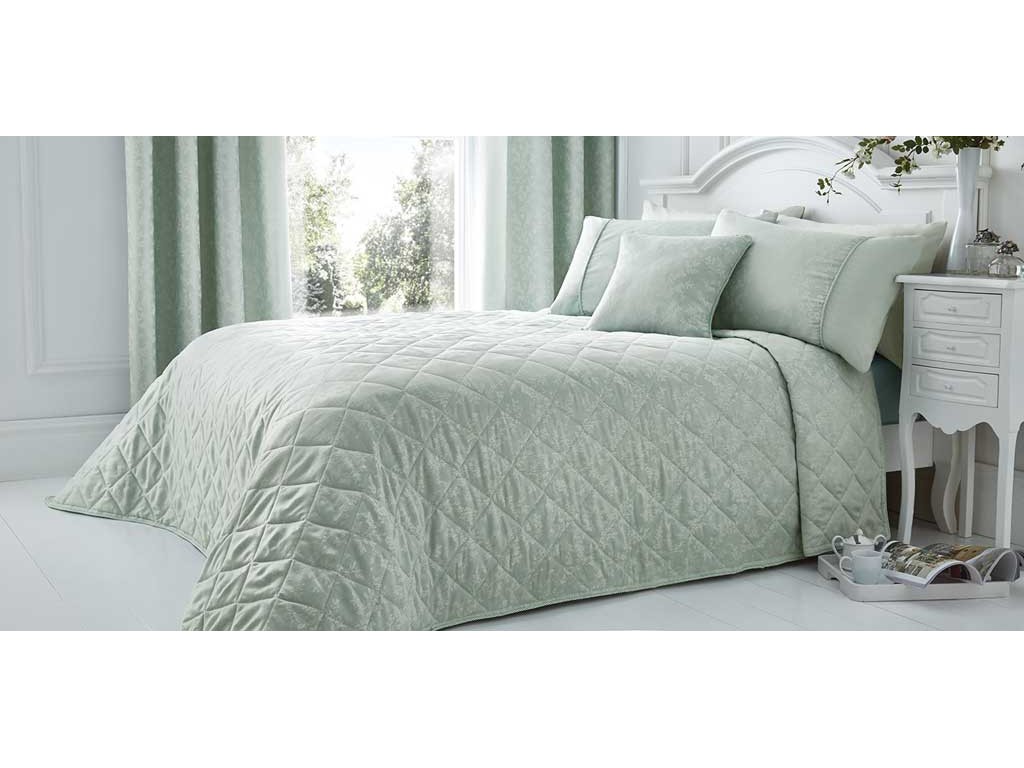 Serene Ebony Damask Jacquard Duck Egg Bedspread