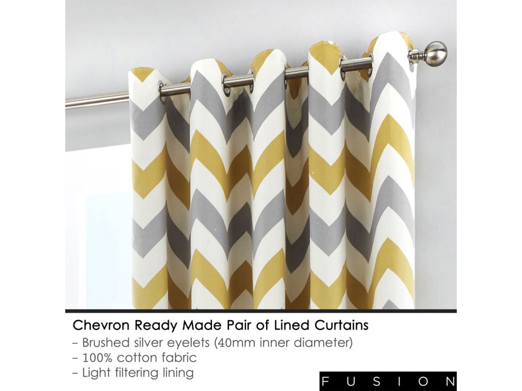 Fusion Chevron Ochre Lined Eyelet Curtains And Cushion