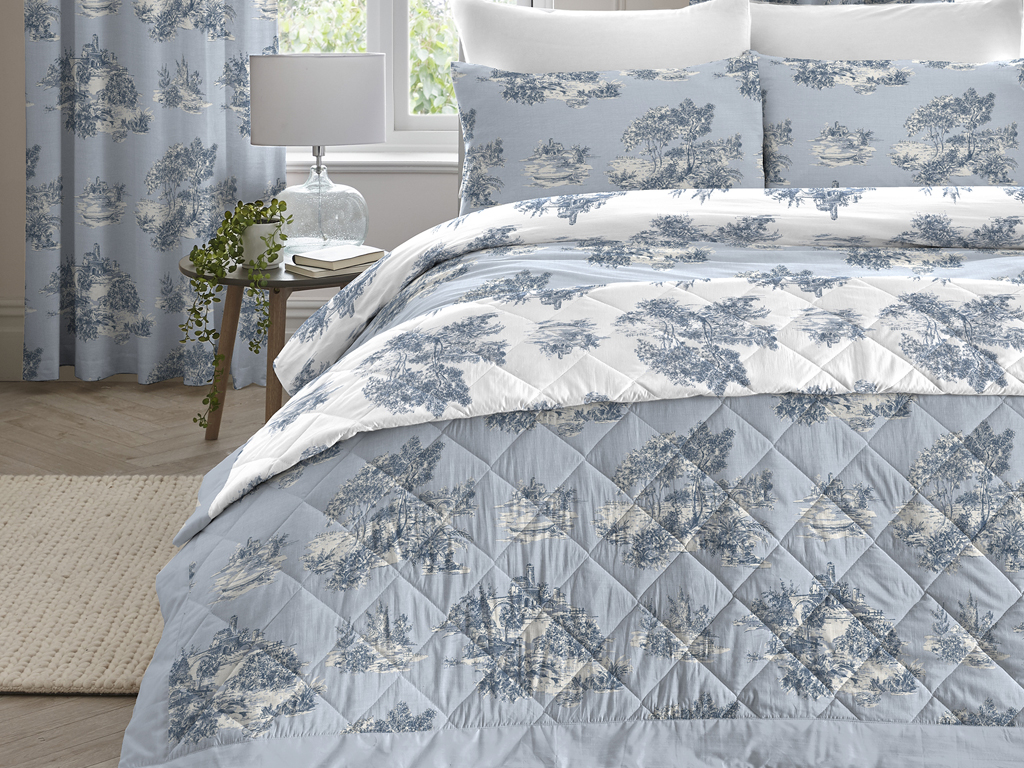 Dreams N Drapes New Country Toile Blue Quilted Bedspread